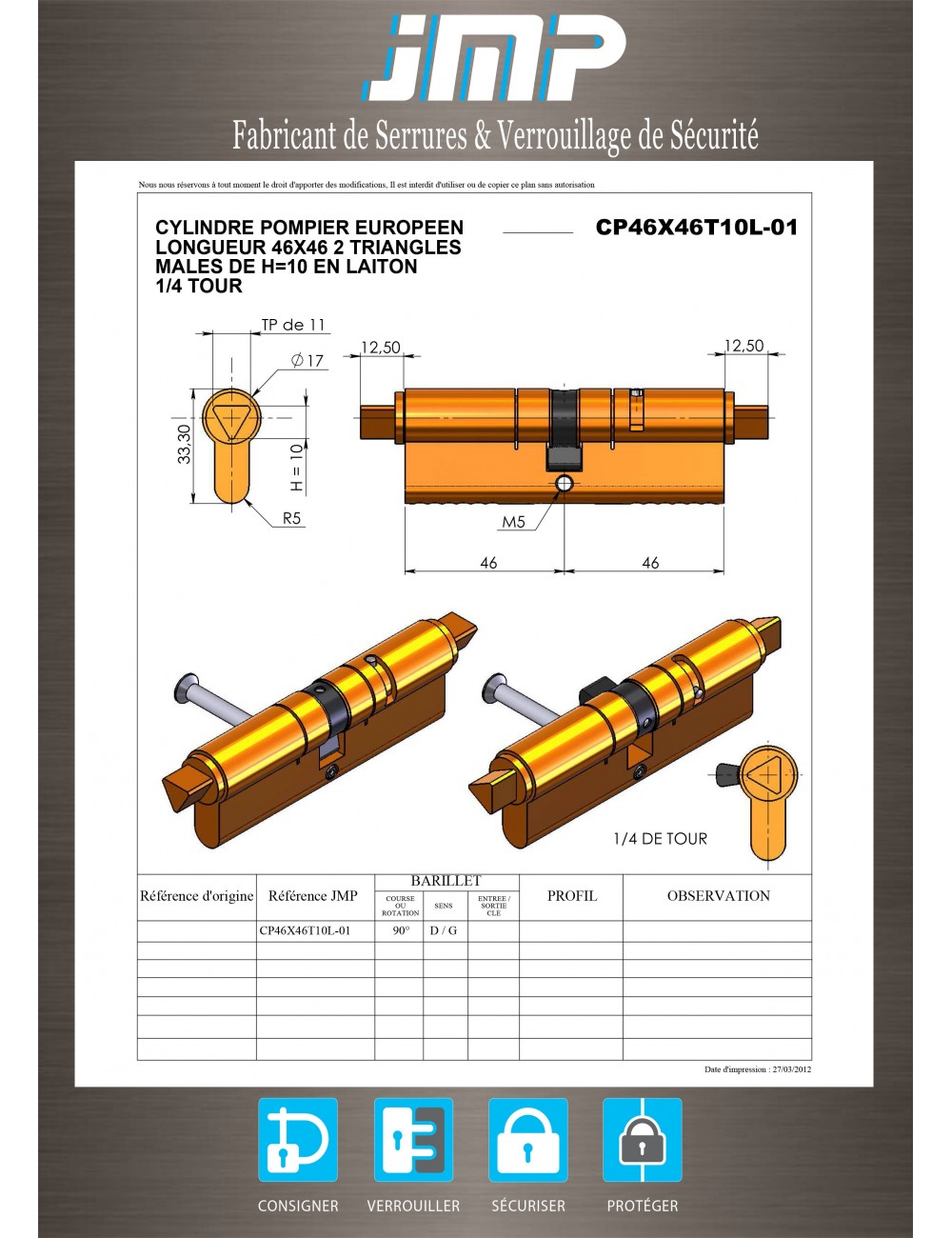 Cylindre Européen CP46X46T10L 01 triangle pompier de 11