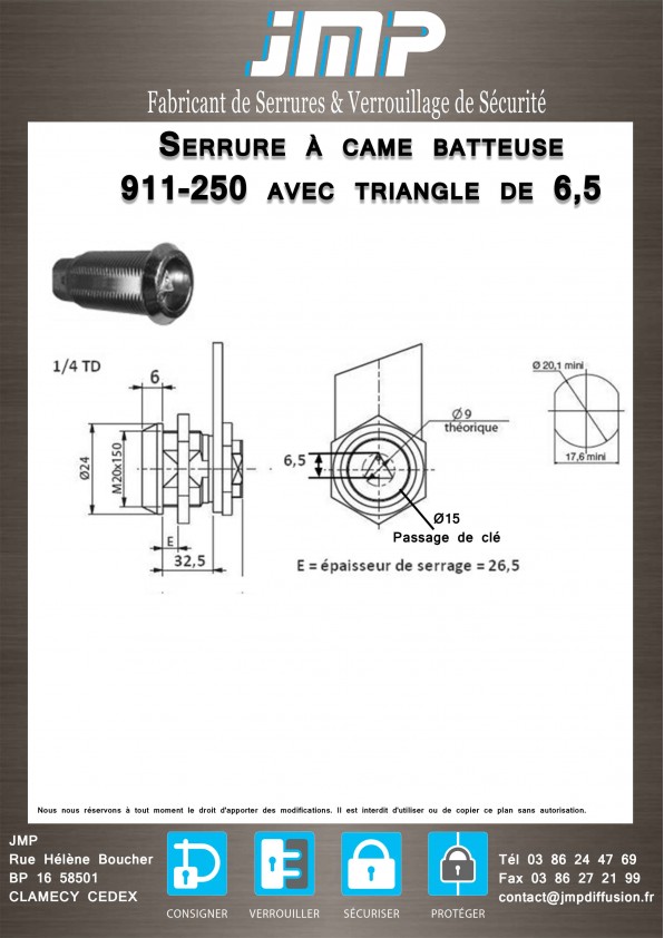 Serrure à came batteuse 911-250 avec triangle de 6,5 - Plan Technique