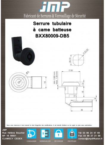 Serrure tubulaire BXX80009-DB5 à came batteuse - plan technique
