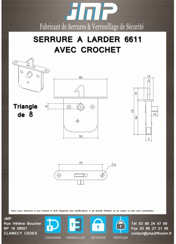 Serrure à larder 6611 avec crochet - plan technique