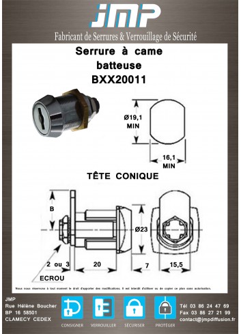 Serrure à came batteuse BXX20011 lg20mm - Plan Technique