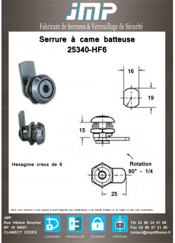 Serrure à came batteuse 25340-HF6 avec hexagone de 6 - plan technique