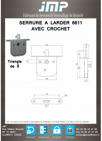 Serrure à larder 6611 avec crochet - plan technique