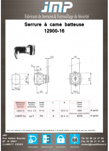 Serrure à came batteuse 12900-16 pour armoire Marcadet - plan technique