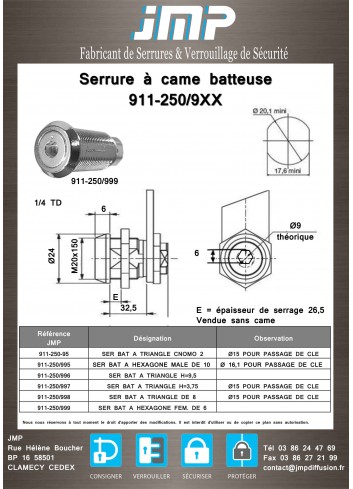 Serrure à came batteuse 911-250-999 Hexagone de 6 - Plan Technique