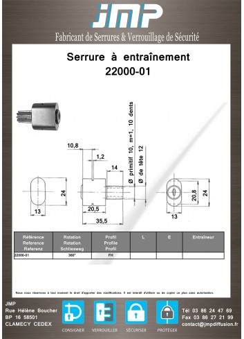 Serrure à entraînement 22000-01 pour meuble - Plan Technique