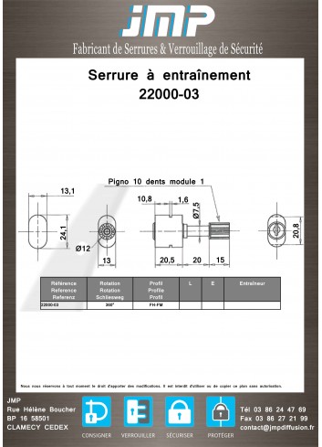 Serrure à entraînement 22000-03 pour meuble - Plan Technique