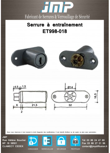Serrure à entraînement ET998-018 pour meuble - plan technique