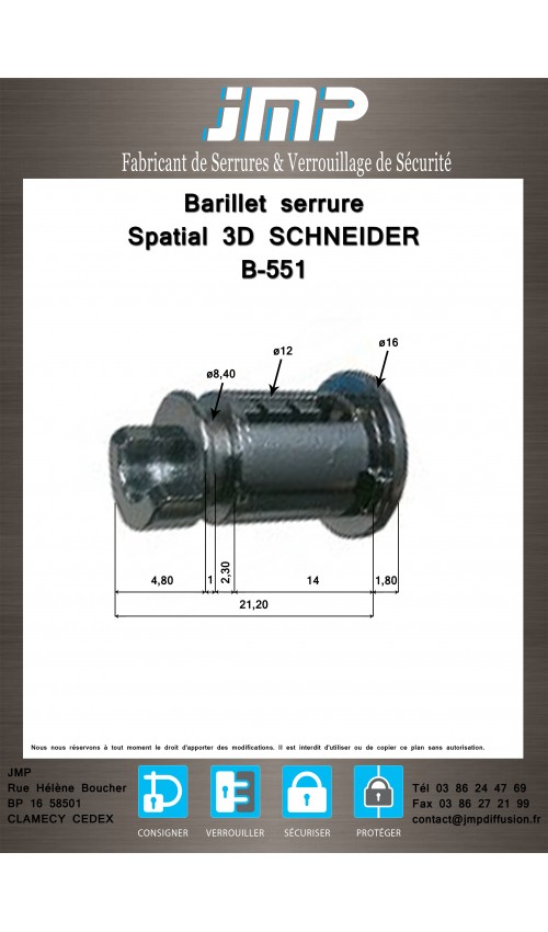 Barillet Serrure B-551 Pour Spatial 3D Schneider Profil E