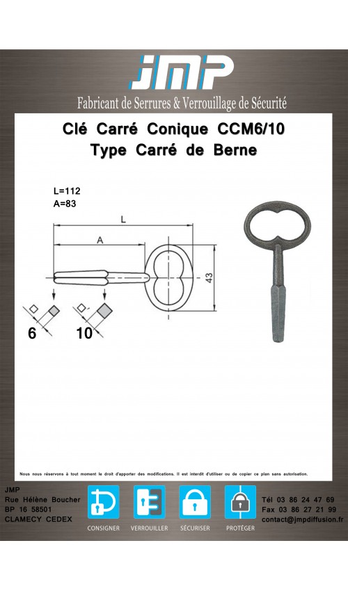 Clé Carré Conique CCMC6-10 Carré de Berne - Plan Technique