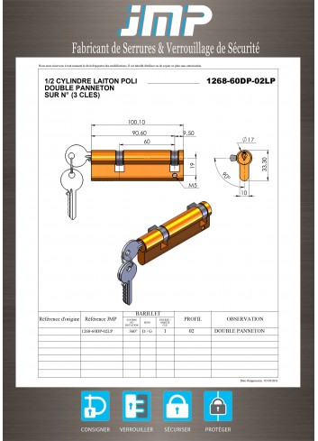 1/2 cylindre serrure 1268-60DP-02LP double panneton - Plan Technique