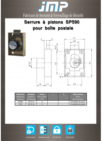 Serrure à pistons SP590 pour boîte postale - Plan Technique