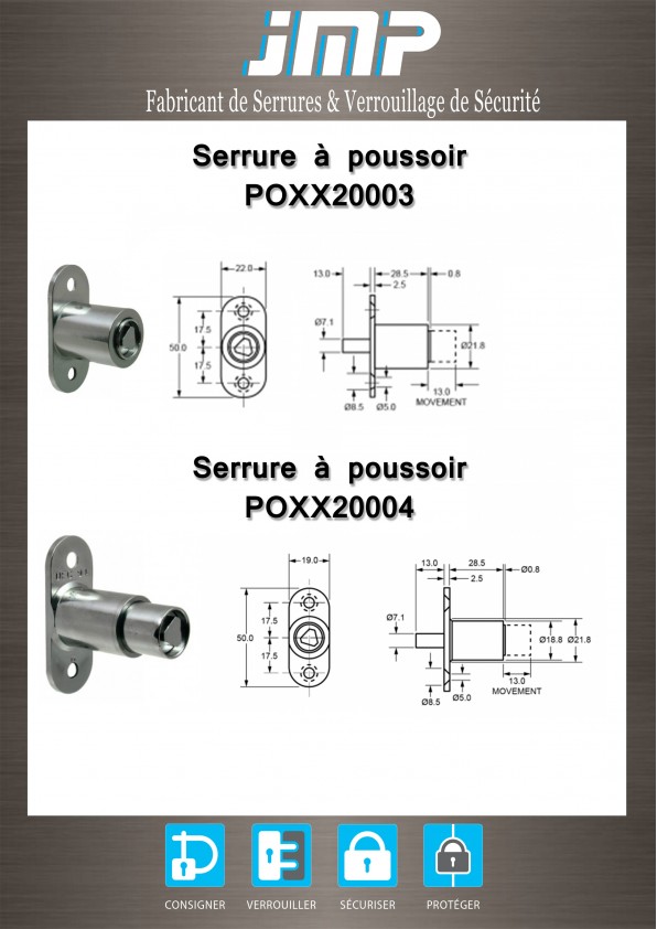 Serrure à poussoir POXX20003 à triangle de 8 - Plan Technique