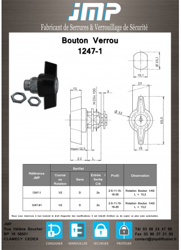 Bouton verrou 1247-1 serrure coffret électrique - Plan Technique