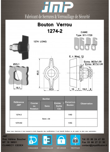 Bouton verrou 1274-2 serrure coffret électrique - Plan Technique