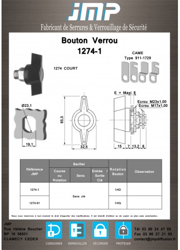 Bouton verrou 1274-1 serrure coffret électrique - Plan Technique