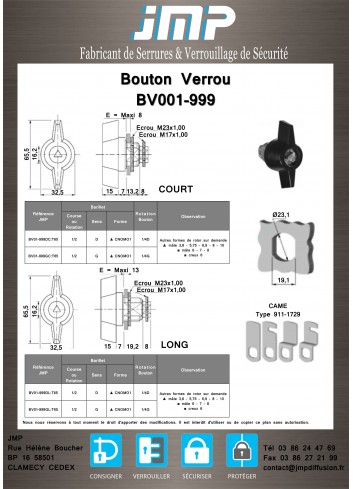 Bouton Verrou BV001-999 COURT-LONG - Plan Technique