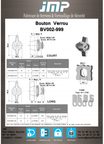 Bouton Verrou BV002-999 COURT-LONG - Plan Technique