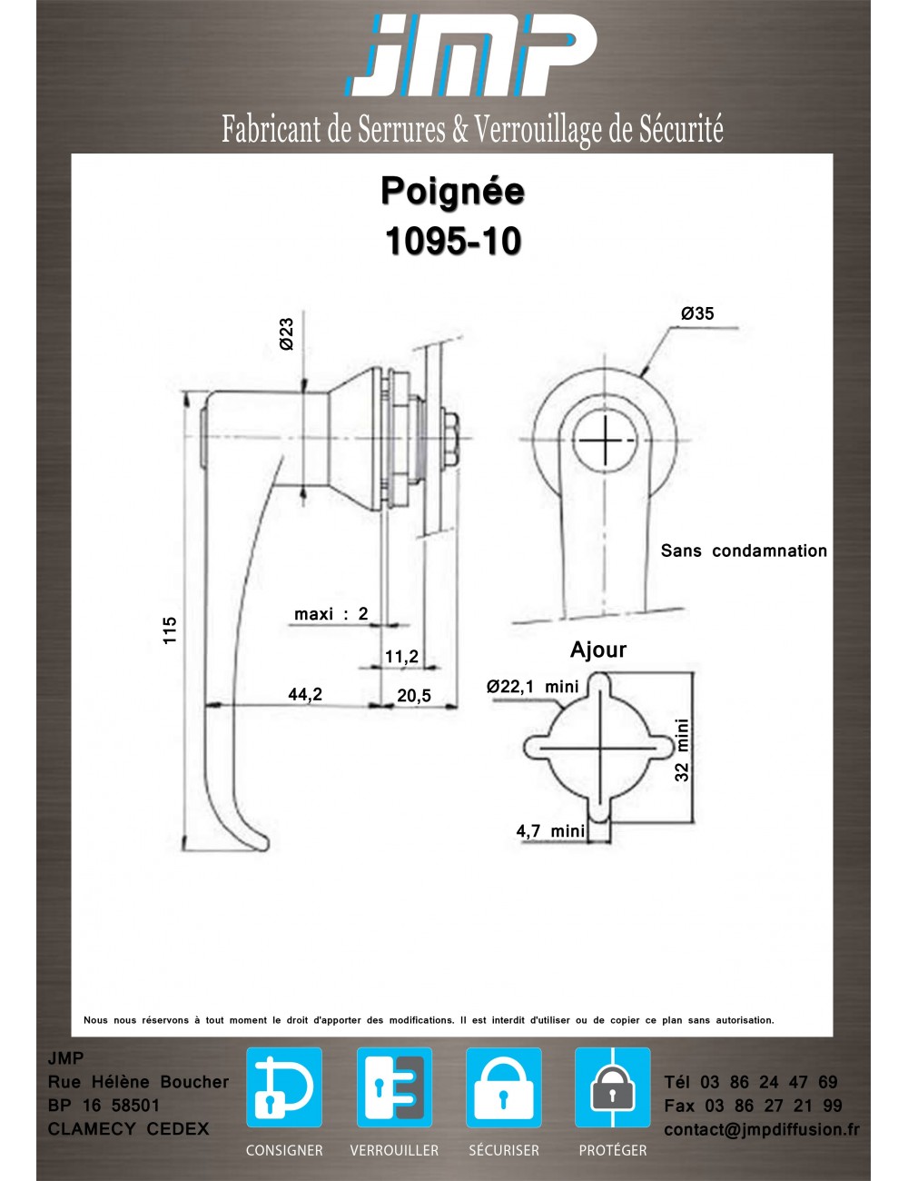 Poignée 1095-10 sans condamnation - Plan Technique