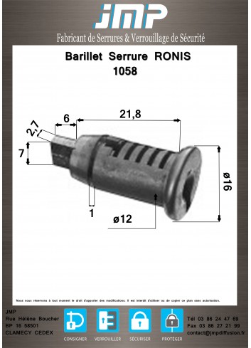 Barillet serrure Ronis 1058 - Plan Technique
