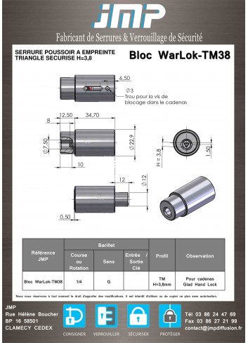 Serrure à poussoir Bloc WarLok-TM38 - Plan Technique 1
