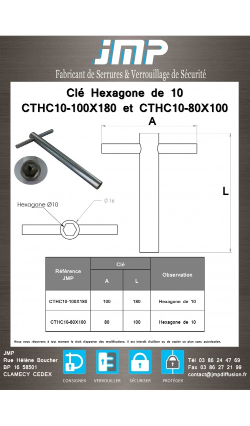 Clé Hexagone de 10 CTHC10-100X180 et CTHC10-80X100 - plan technique