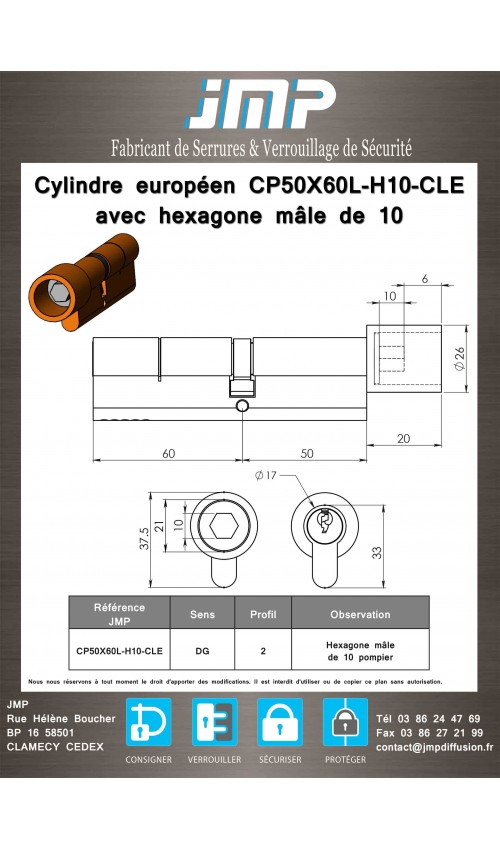 Cylindre européen CP50X60L-H10-CLE avec hexagone mâle de 10 pompier - plan technique