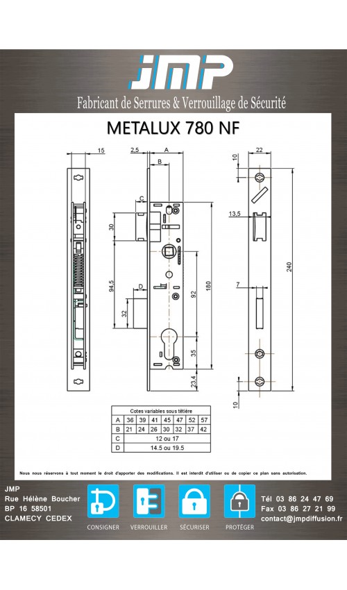 Serrure à encastrer 1 point METALUX 780 NF pour portes métalliques - plan technique
