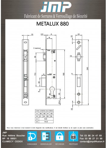 Serrure à encastrer 1 point METALUX 880 pour portes métalliques - plan technique