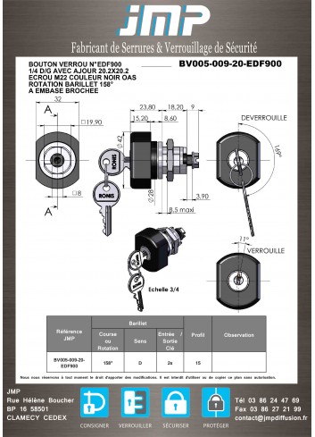 Bouton verrou BV005-009-20-EDF900 serrure coffret électrique IP 66 sur n° EDF900 - Plan Technique
