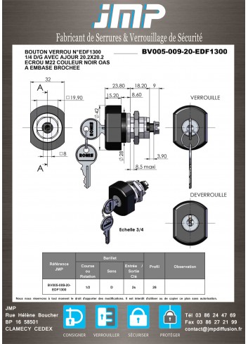 Bouton verrou BV005-009-20-EDF1300 serrure coffret électrique IP 66 sur n° EDF1300 - Plan Technique