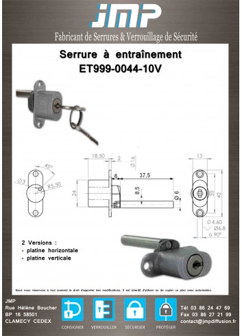 Serrure à entraînement ET999-0044-10V - plan technique