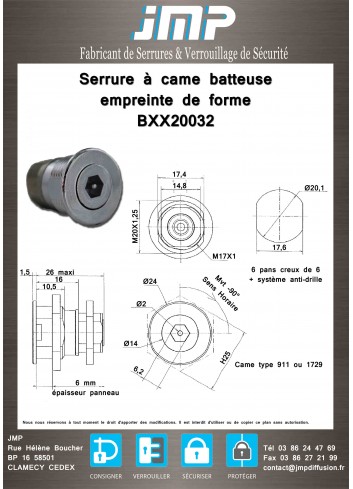 Serrure à came batteuse BXX20032  / 6 pans creux de 6 + système anti-drille - plan technique