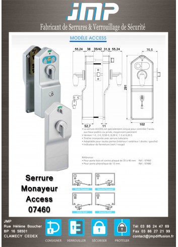 Serrure électronique 07460 Access avec paiement pour toilettes publiques porte palière 35 à 40 mm - Plan Technique