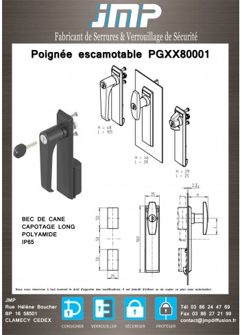 Poignée escamotable PGXX80001 pour serrure coffret électrique - plan technique